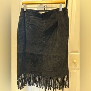 Margaret Godfrey Black Suede Fringe Skirt – Size 8, fully lined